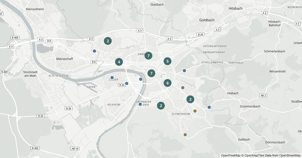 Karte mit 73 Polizeimeldungen aus Aschaffenburg aus den letzten 90 Tagen