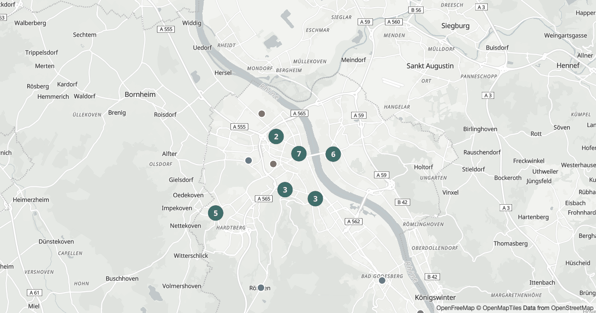 Blaulicht Bonn — Karte Karte mit 107 Polizeimeldungen aus Bonn aus den letzten 90 Tagen