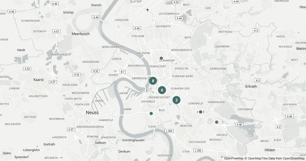 Blaulicht Düsseldorf — Karte Karte mit 113 Polizeimeldungen aus Düsseldorf aus den letzten 90 Tagen