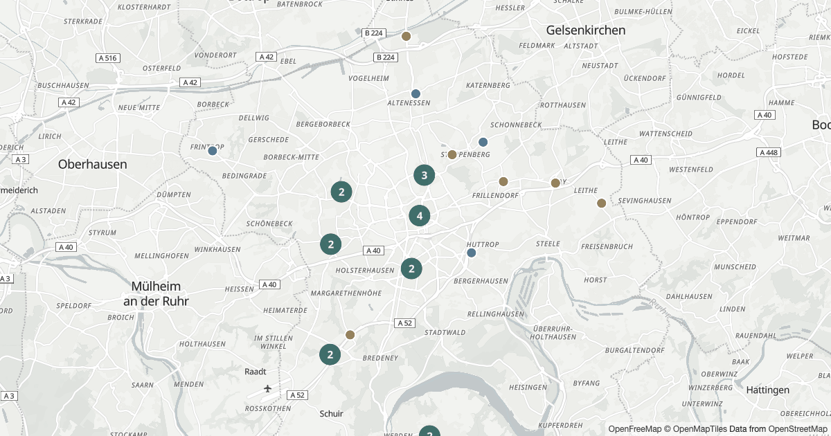 Blaulicht Essen — Karte Karte mit 76 Polizeimeldungen aus Essen aus den letzten 90 Tagen
