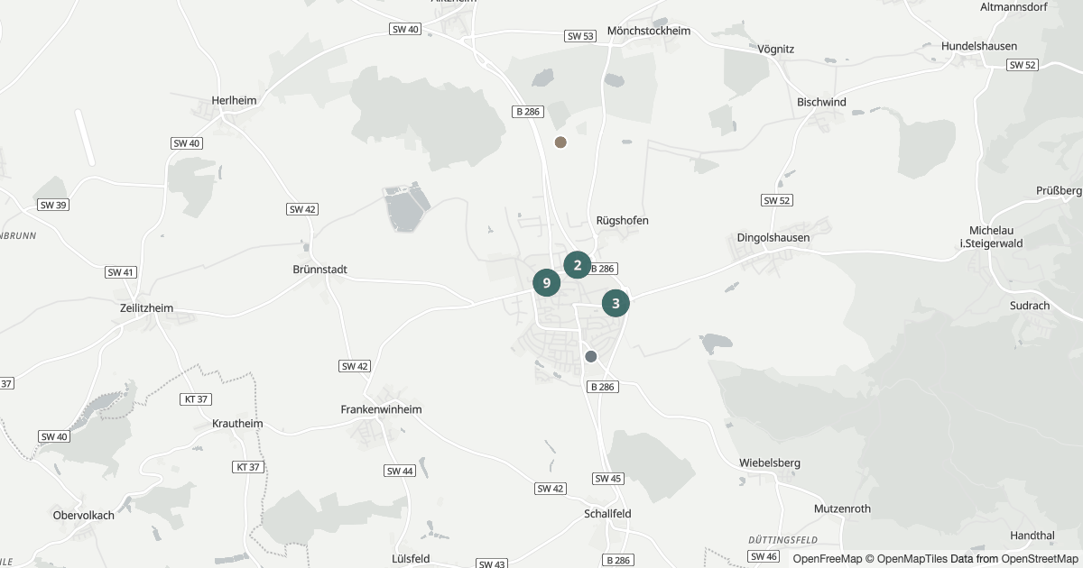 Karte mit 66 Polizeimeldungen aus Gerolzhofen aus den letzten zwölf Monaten