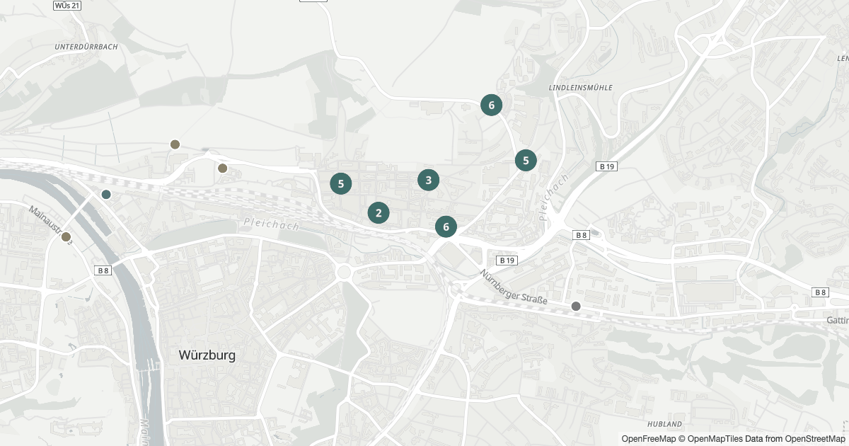 Karte mit 28 Polizeimeldungen aus Grombühl (Würzburg) aus den letzten 90 Tagen