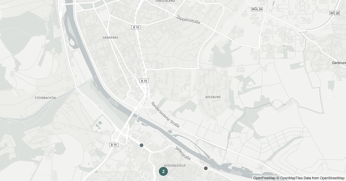 Karte mit 6 Polizeimeldungen aus Heidingsfeld (Würzburg) aus den letzten 90 Tagen