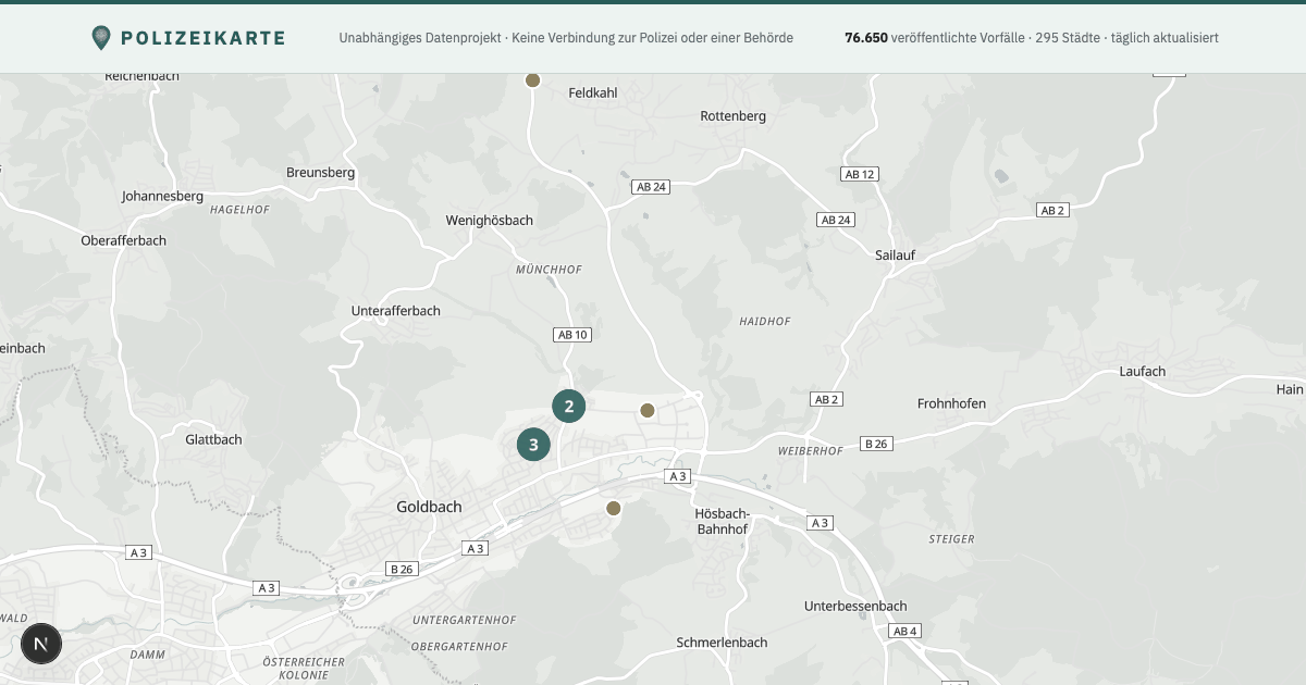 Blaulicht Hösbach — Karte Karte mit 46 Polizeimeldungen aus Hösbach aus den letzten zwölf Monaten