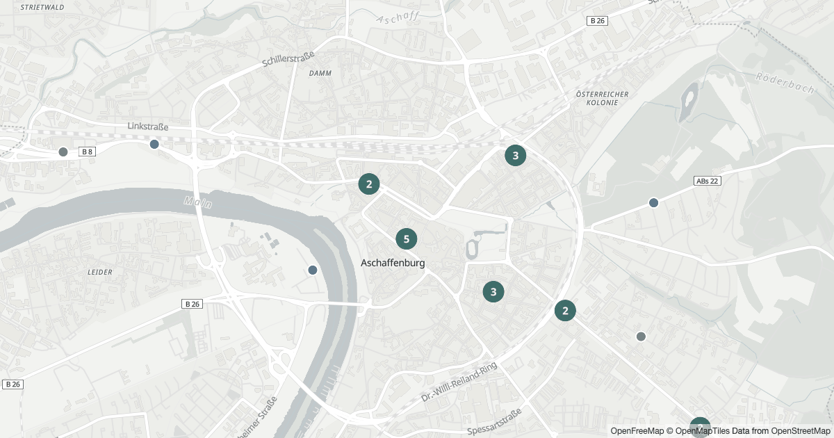 Polizeimeldungen Innenstadt — Karte Karte mit 21 Polizeimeldungen aus Innenstadt (Aschaffenburg) aus den letzten 90 Tagen