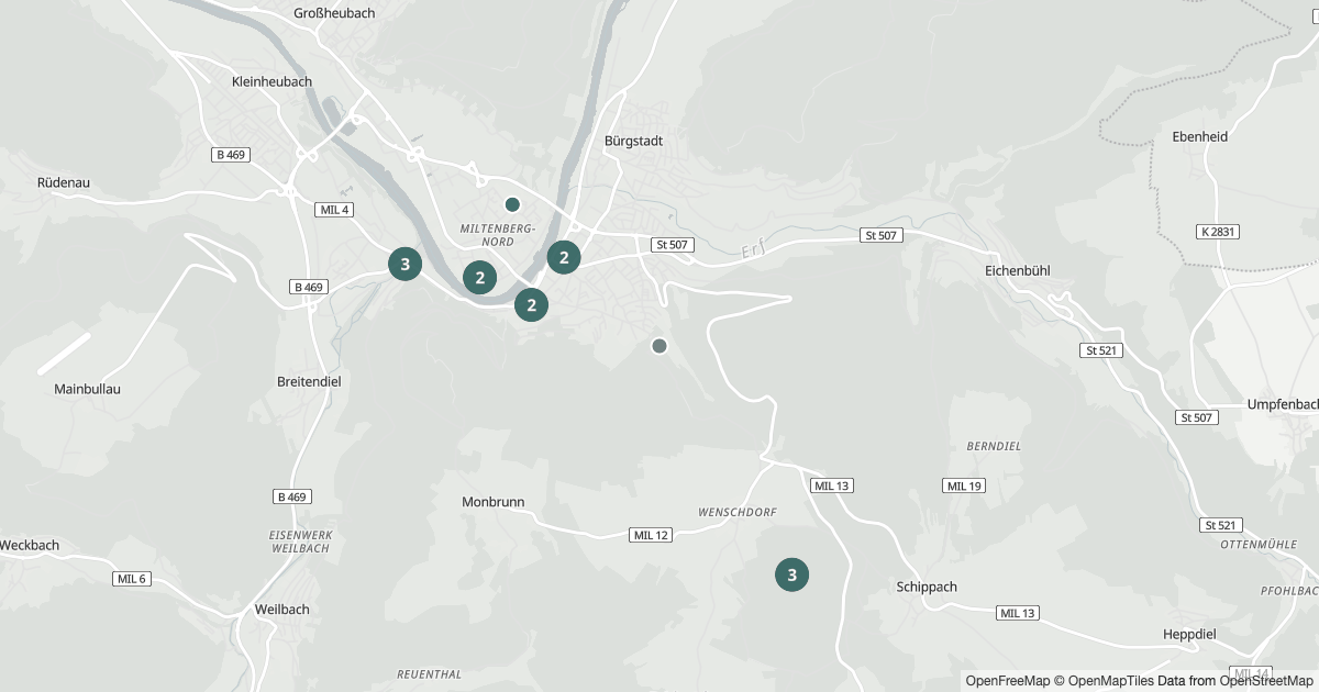 Blaulicht Miltenberg — Karte Karte mit 23 Polizeimeldungen aus Miltenberg aus den letzten 90 Tagen