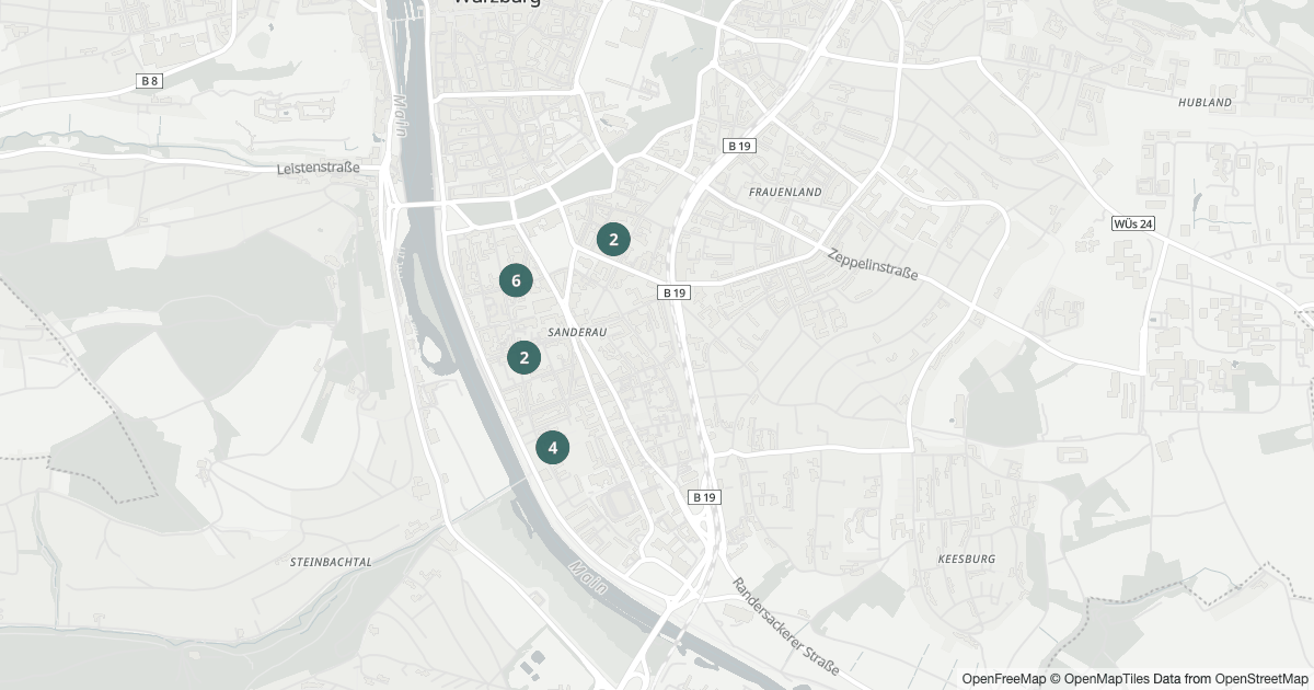 Karte mit 12 Polizeimeldungen aus Sanderau (Würzburg) aus den letzten 90 Tagen