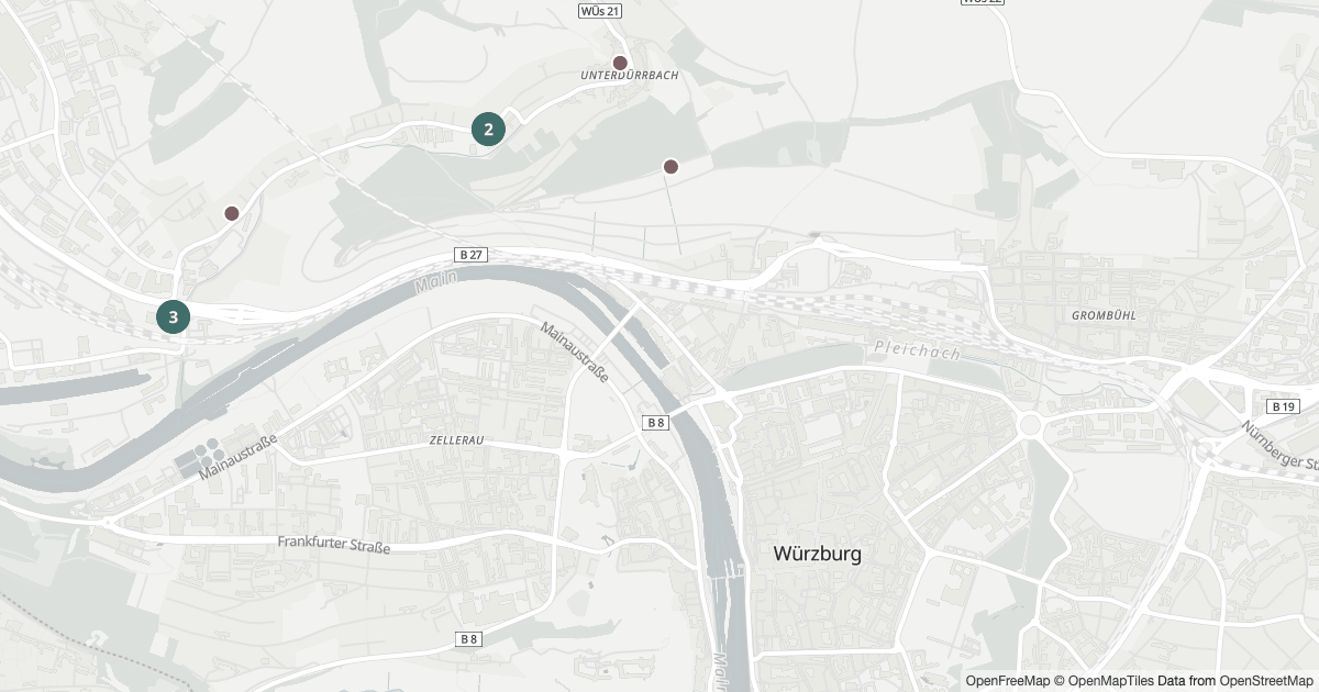 Karte mit 7 Polizeimeldungen aus Unterdürrbach (Würzburg) aus den letzten 90 Tagen