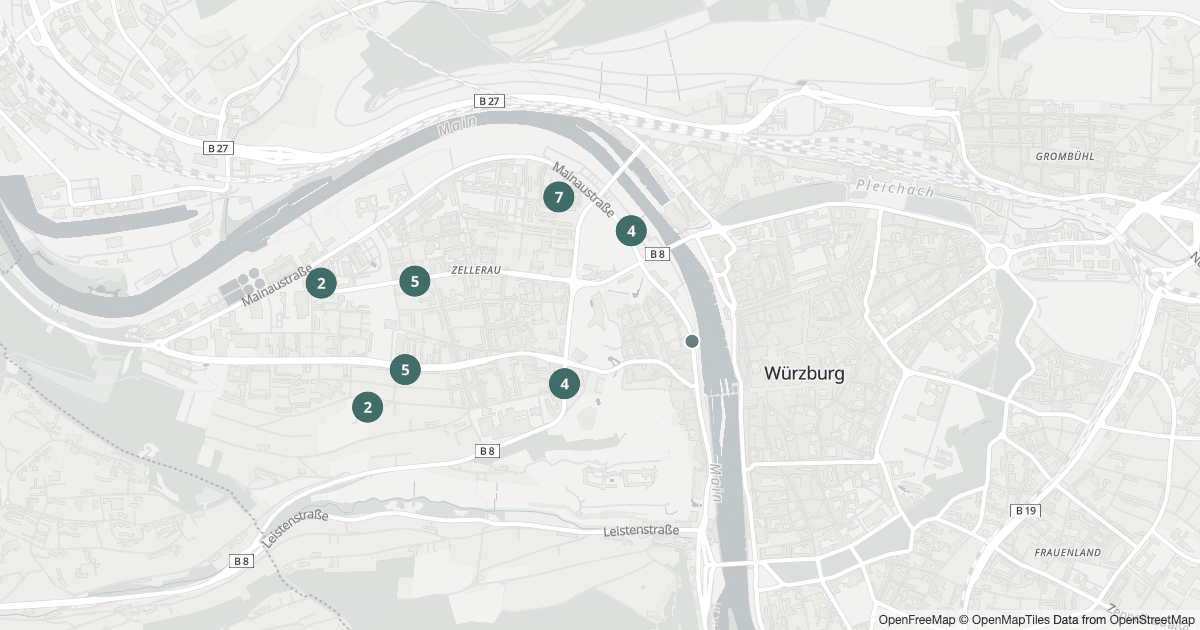 Karte mit 24 Polizeimeldungen aus Zellerau (Würzburg) aus den letzten 90 Tagen