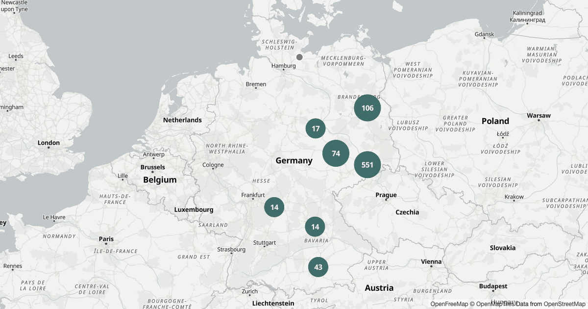Deutschlandkarte mit 1.103 Polizeimeldungen zum Thema Hakenkreuze und verfassungsfeindliche Symbole