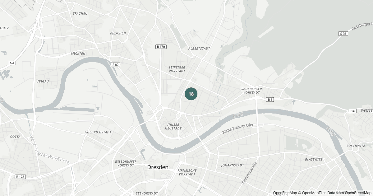 Polizeimeldungen Äußere Neustadt — Karte Karte mit 24 Polizeimeldungen aus Äußere Neustadt (Dresden) aus den letzten 90 Tagen