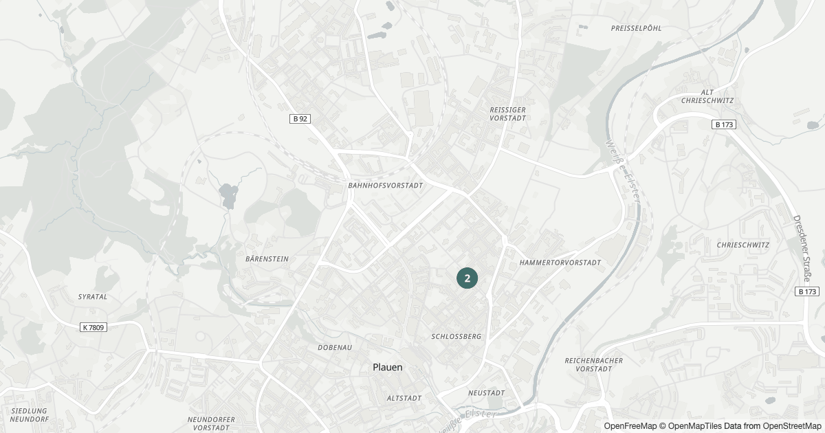 Karte mit 16 Polizeimeldungen aus Bahnhofsvorstadt (Plauen) aus den letzten zwölf Monaten