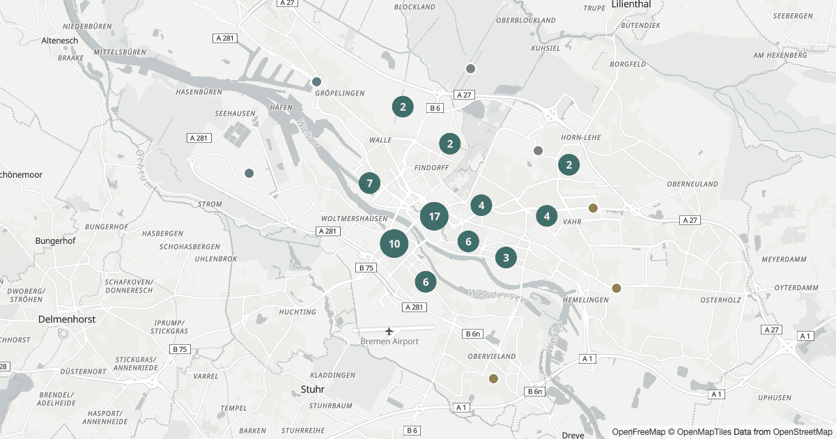 Karte mit 149 Polizeimeldungen aus Bremen seit dem 4. August 2026
