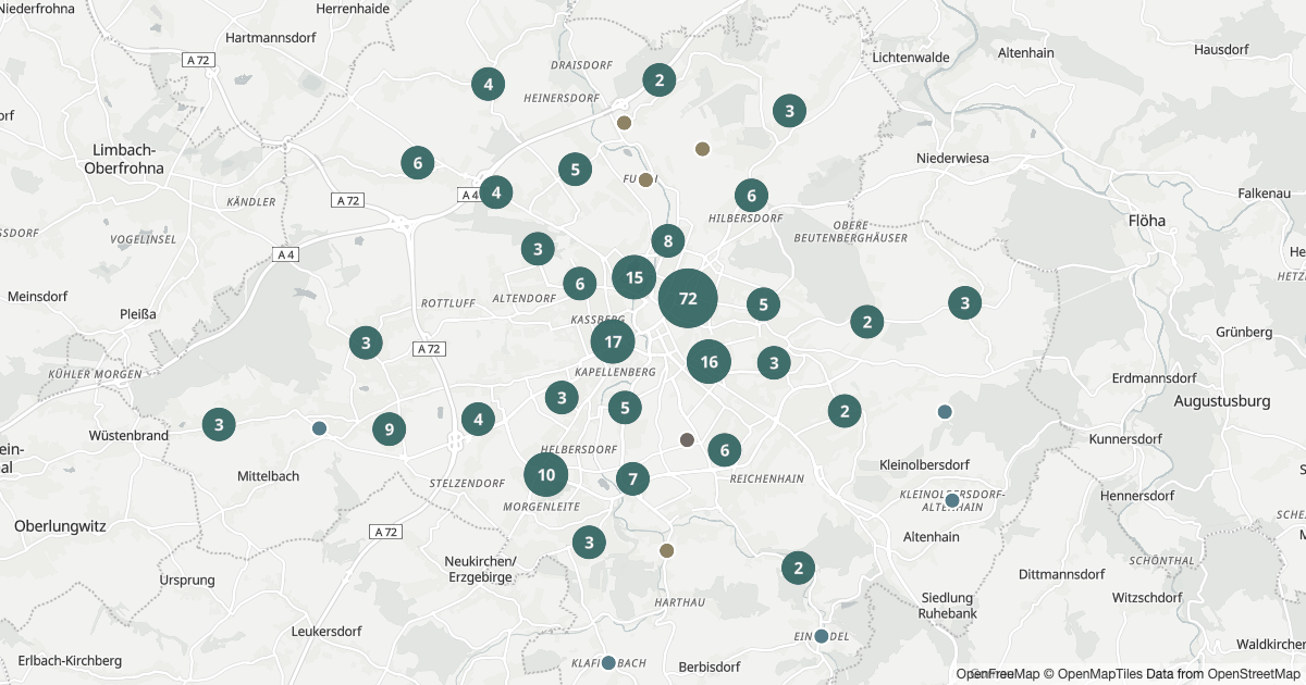 Karte mit 295 Polizeimeldungen aus Chemnitz aus den letzten 90 Tagen