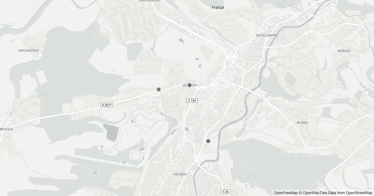 Karte mit 32 Polizeimeldungen aus Döhlen (Freital) aus den letzten zwölf Monaten