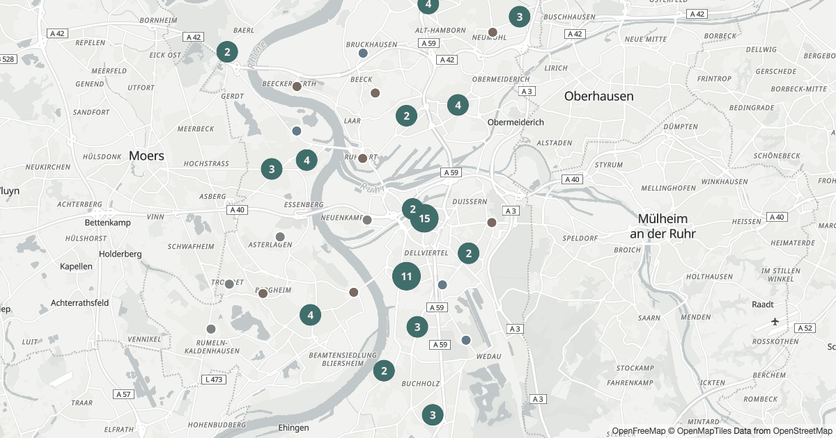 Karte mit 242 Polizeimeldungen aus Duisburg aus den letzten 90 Tagen