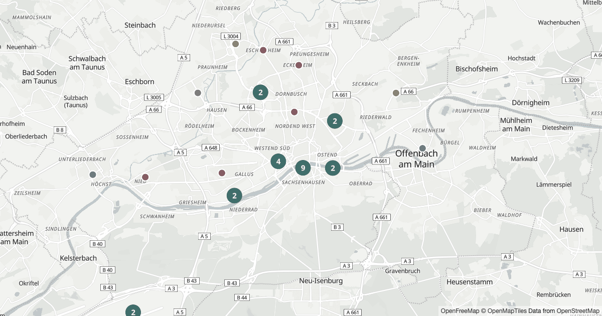 Karte mit 251 Polizeimeldungen aus Frankfurt am Main aus den letzten 90 Tagen