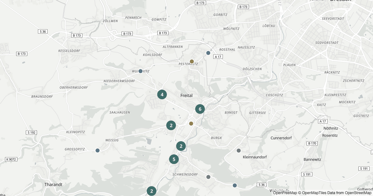 Polizeibericht Freital — Karte Karte mit 33 Polizeimeldungen aus Freital aus den letzten 90 Tagen