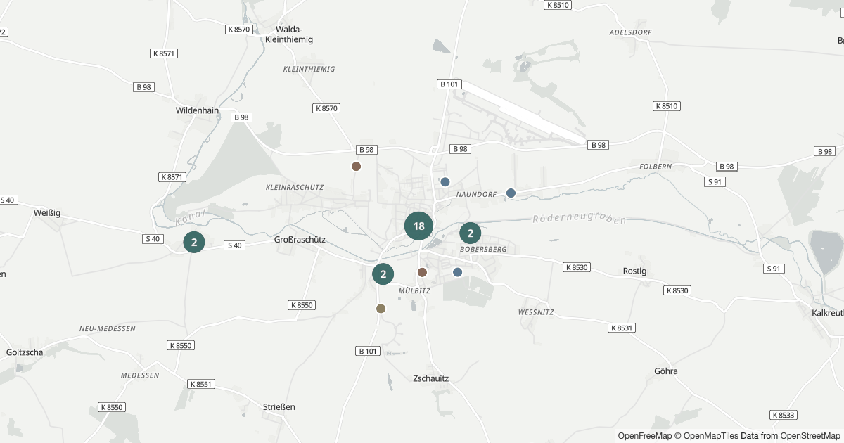 Polizeibericht Großenhain — Karte Karte mit 40 Polizeimeldungen aus Großenhain aus den letzten 90 Tagen