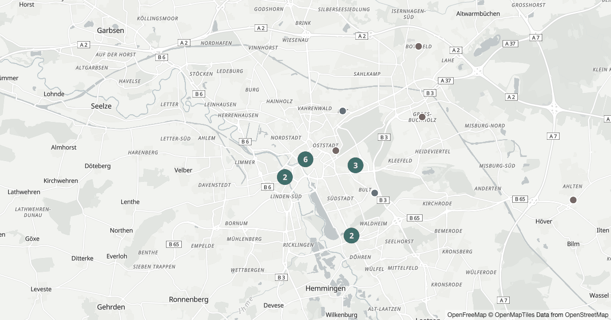 Karte mit 70 Polizeimeldungen aus Hannover aus den letzten 90 Tagen