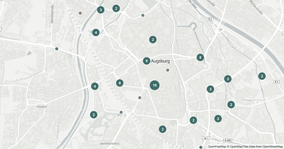 Karte mit 125 Polizeimeldungen aus Innenstadt (Augsburg) aus den letzten 90 Tagen