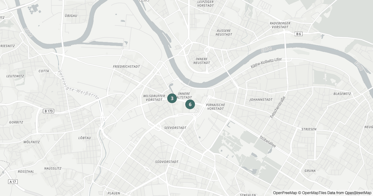 Karte mit 12 Polizeimeldungen aus Innere Altstadt (Dresden) aus den letzten 90 Tagen