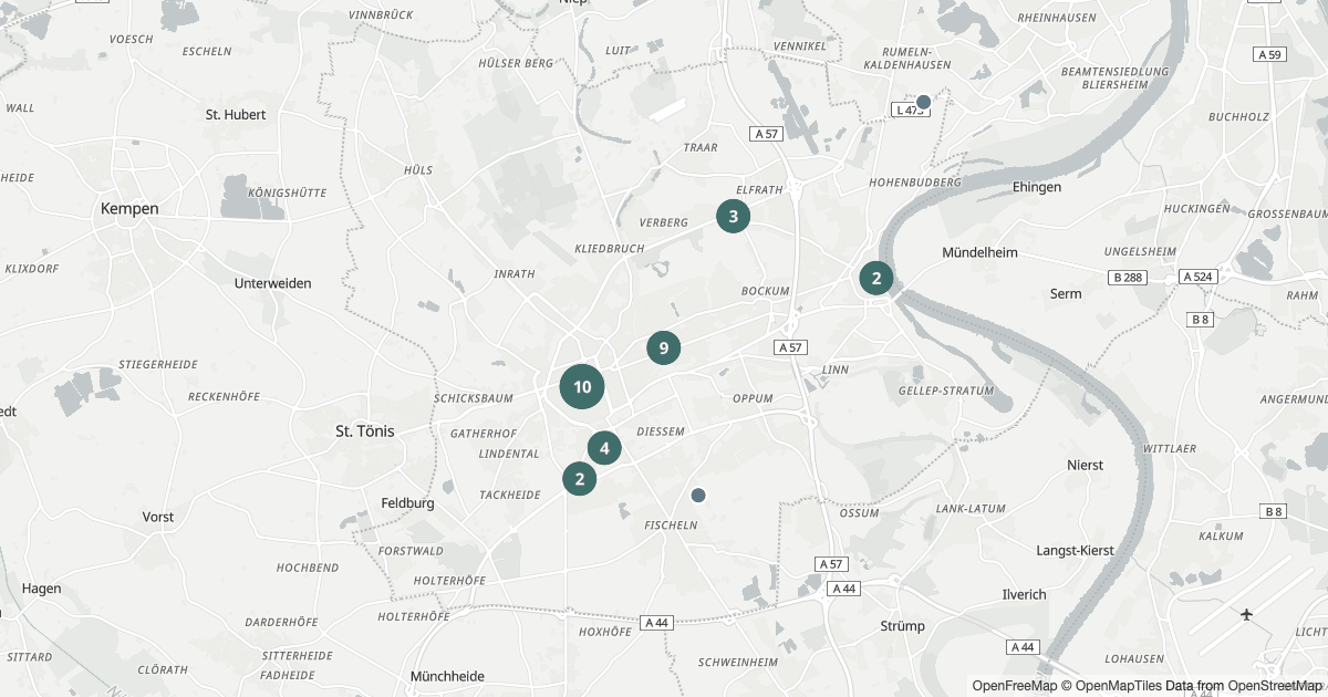 Polizeibericht Krefeld — Karte Karte mit 64 Polizeimeldungen aus Krefeld seit dem 21. Juli 2026