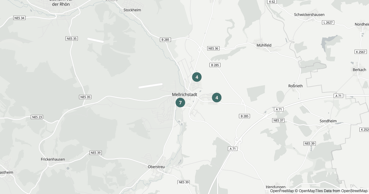 Karte mit 22 Polizeimeldungen aus Mellrichstadt aus den letzten 90 Tagen