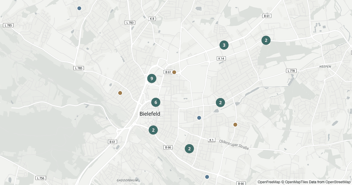 Polizeimeldungen Mitte — Karte Karte mit 113 Polizeimeldungen aus Mitte (Bielefeld) aus den letzten 90 Tagen