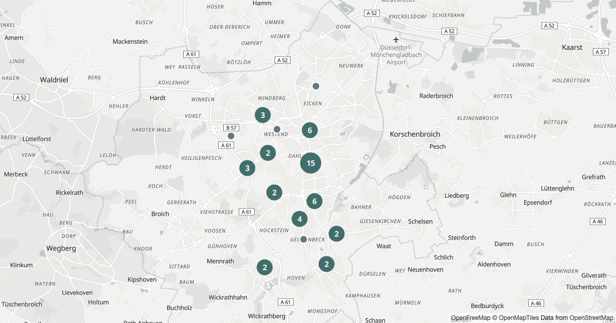 Karte mit 111 Polizeimeldungen aus Mönchengladbach seit dem 3. August 2026