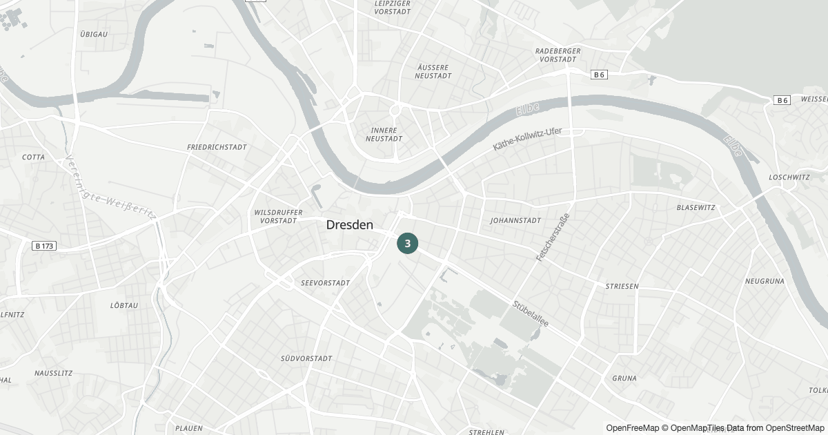 Karte mit 32 Polizeimeldungen aus Pirnaische Vorstadt (Dresden) aus den letzten zwölf Monaten