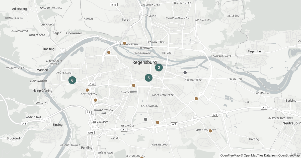 Polizeibericht Regensburg — Karte Karte mit 30 Polizeimeldungen aus Regensburg aus den letzten 90 Tagen