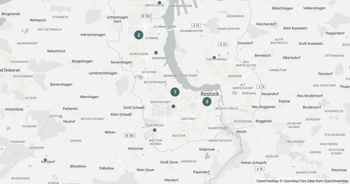Karte mit 81 Polizeimeldungen aus Rostock seit dem 7. August 2026