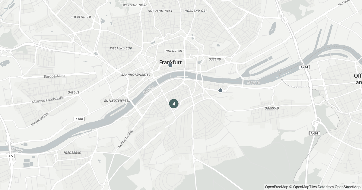 Karte mit 23 Polizeimeldungen aus Sachsenhausen (Frankfurt am Main) aus den letzten 90 Tagen