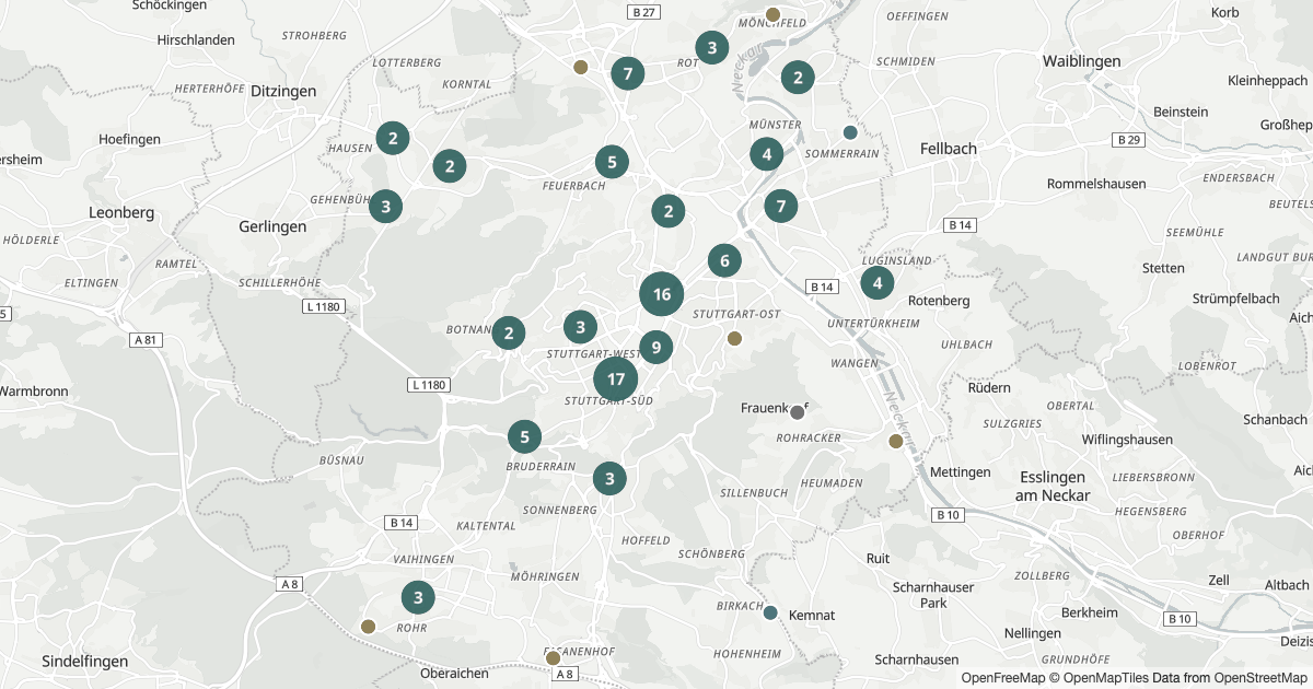 Karte mit 262 Polizeimeldungen aus Stuttgart seit dem 7. August 2026