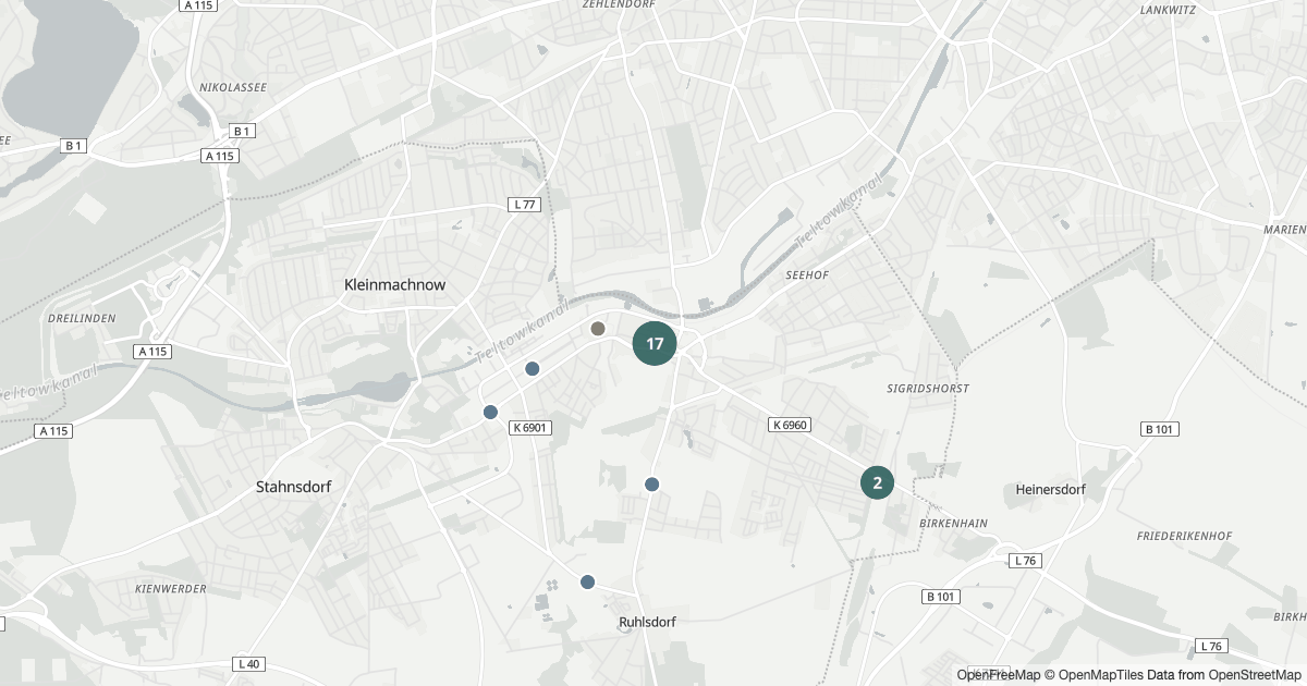 Karte mit 43 Polizeimeldungen aus Teltow aus den letzten 90 Tagen