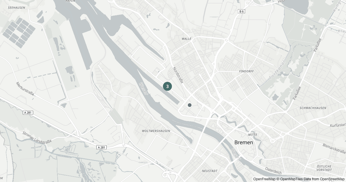 Polizeimeldungen Überseestadt — Karte Karte mit 7 Polizeimeldungen aus Überseestadt (Bremen) seit dem 4. August 2026