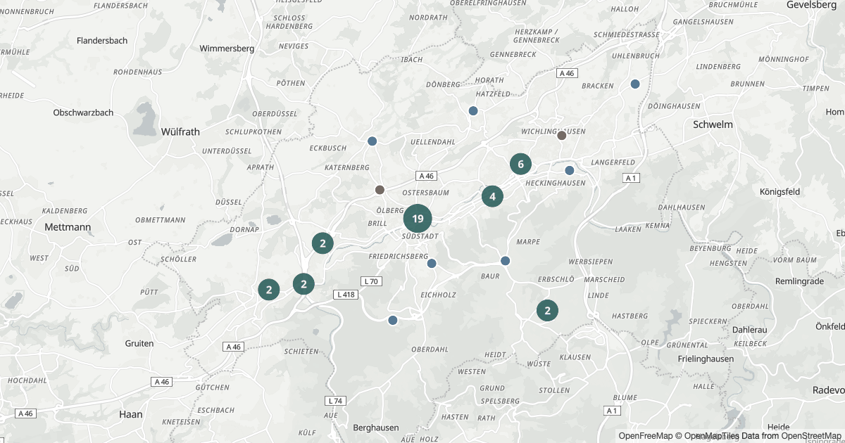 Karte mit 128 Polizeimeldungen aus Wuppertal aus den letzten 90 Tagen