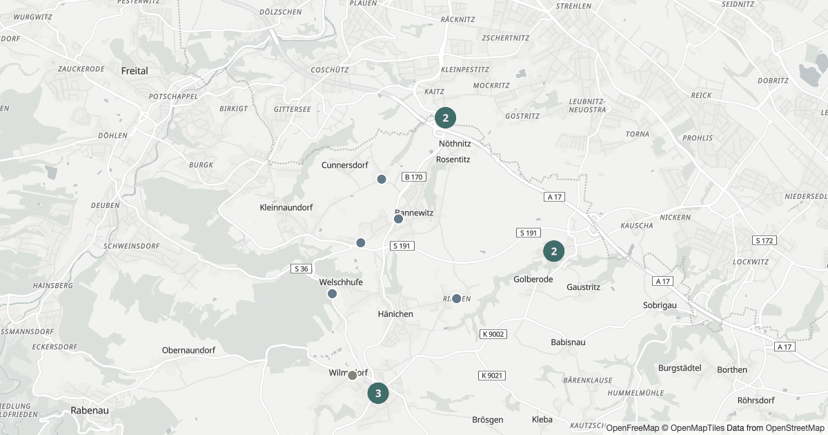 Karte mit 20 Polizeimeldungen aus Bannewitz aus den letzten 90 Tagen