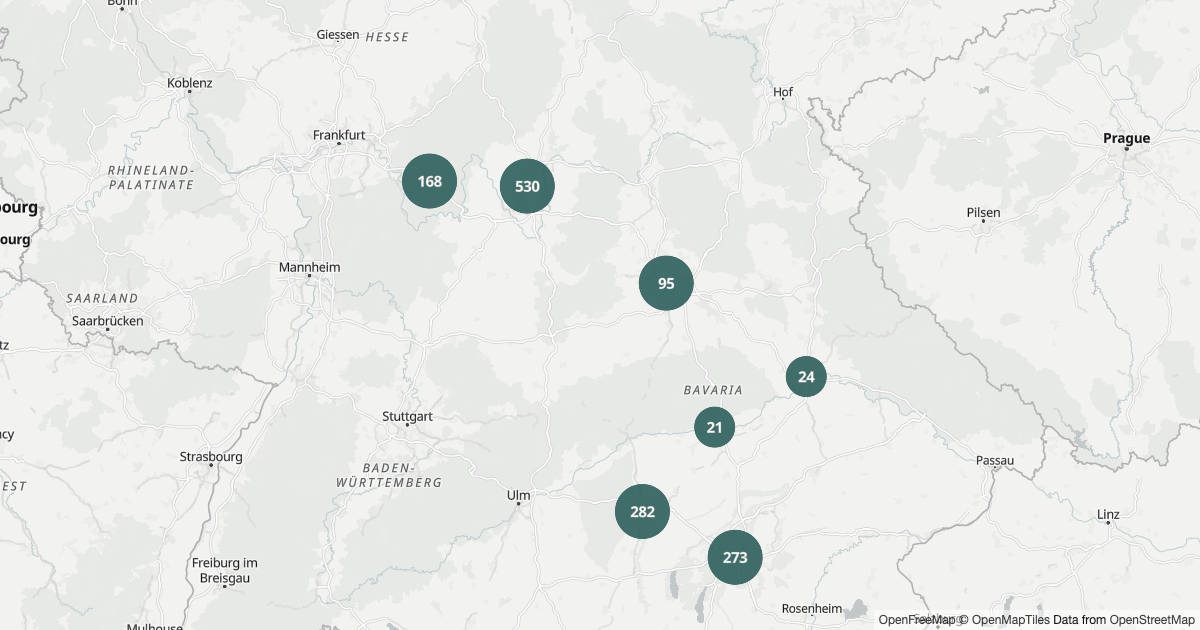 Karte von Bayern mit 2.550 Polizeimeldungen aus den letzten 90 Tagen