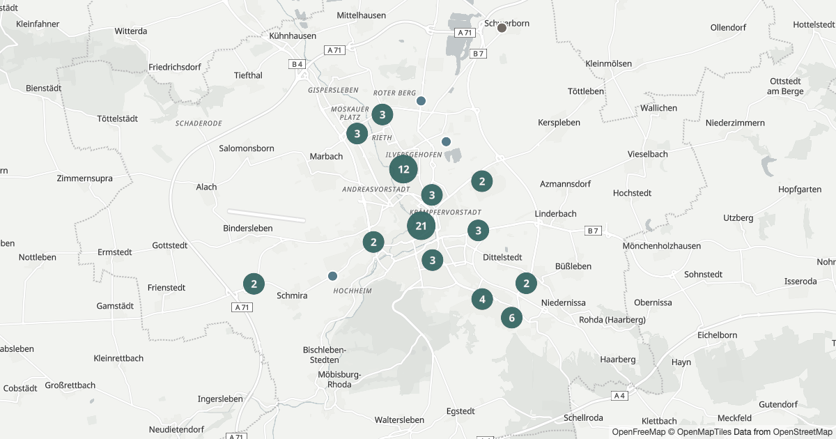 Karte mit 273 Polizeimeldungen aus Erfurt aus den letzten 90 Tagen