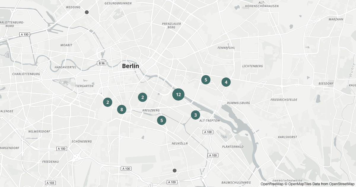 Karte mit 43 Polizeimeldungen aus Friedrichshain-Kreuzberg (Berlin) aus den letzten 90 Tagen