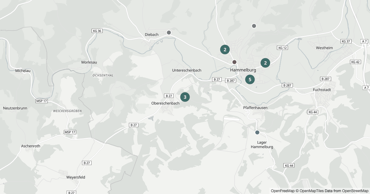 Polizeimeldungen Hammelburg — Karte Karte mit 21 Polizeimeldungen aus Hammelburg aus den letzten 90 Tagen