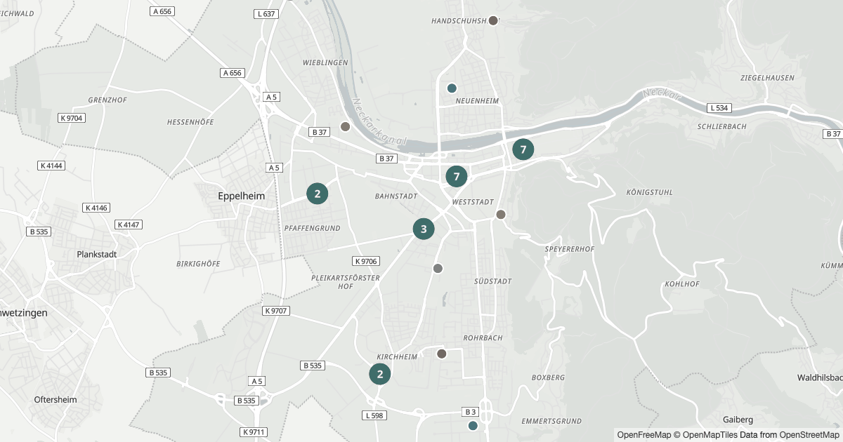 Karte mit 79 Polizeimeldungen aus Heidelberg seit dem 9. August 2026