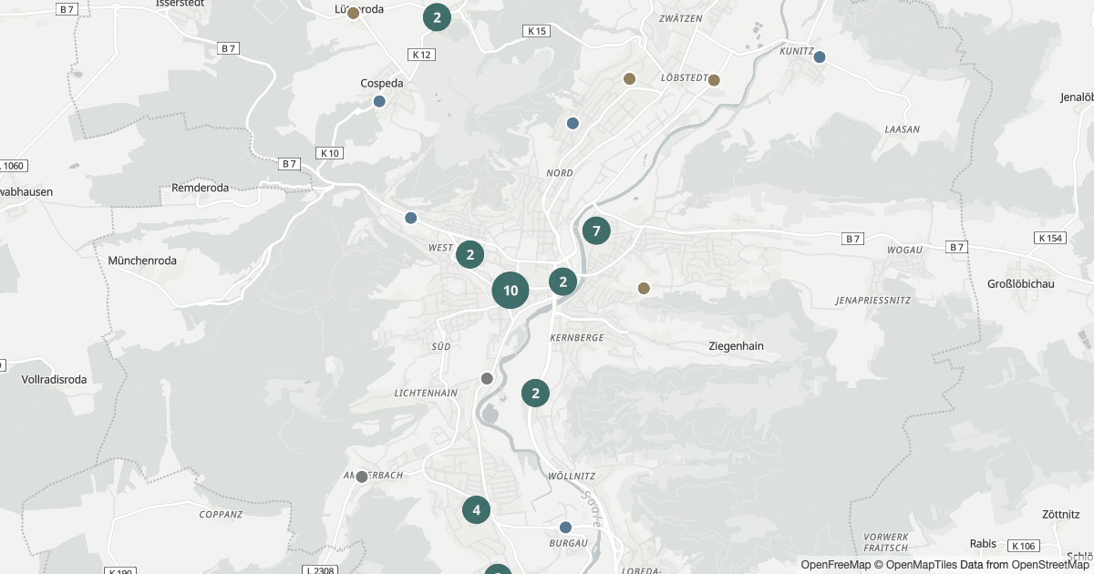 Karte mit 135 Polizeimeldungen aus Jena seit dem 10. August 2026