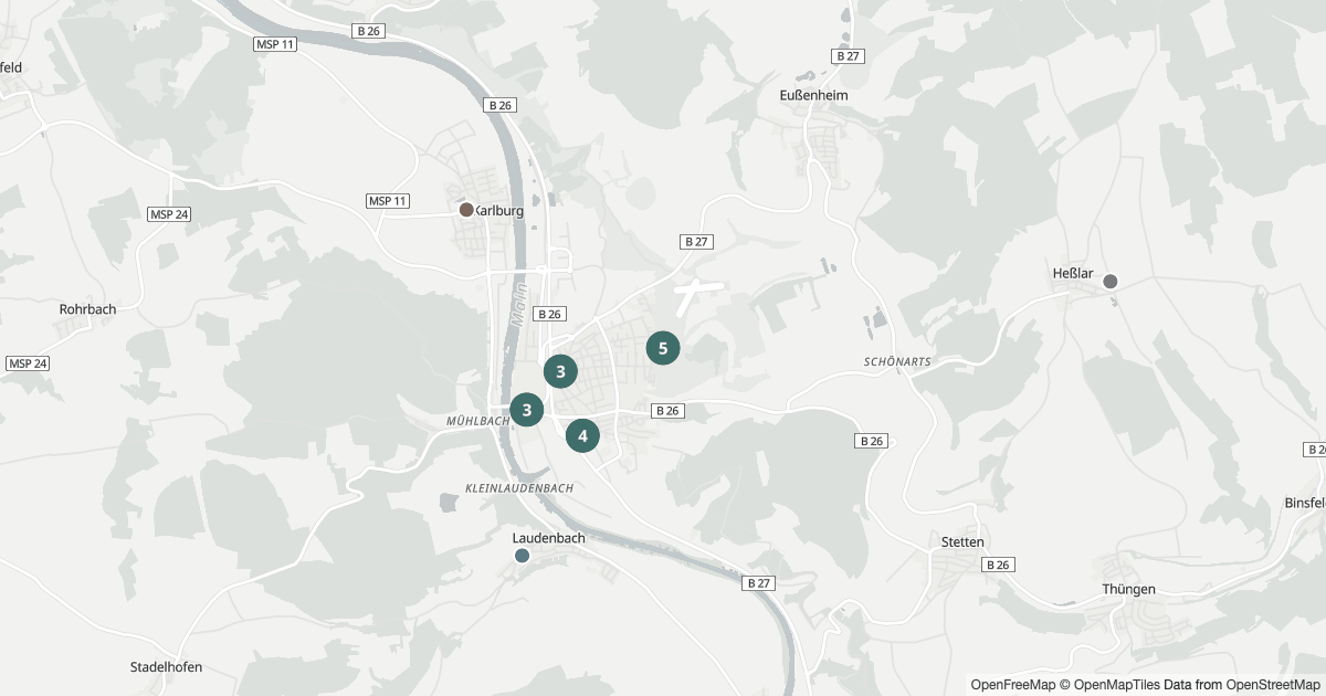 Karte mit 29 Polizeimeldungen aus Karlstadt aus den letzten 90 Tagen