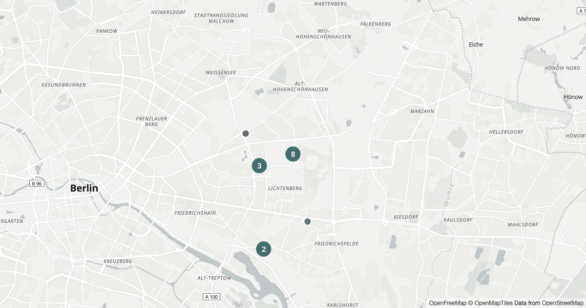 Polizeimeldungen Lichtenberg — Karte Karte mit 20 Polizeimeldungen aus Lichtenberg (Berlin) aus den letzten 90 Tagen