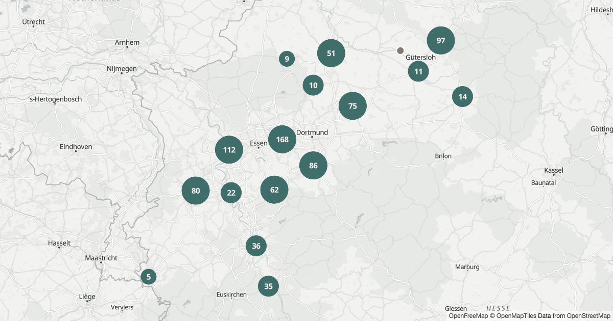Karte von Nordrhein-Westfalen mit 3.213 Polizeimeldungen aus den letzten 90 Tagen