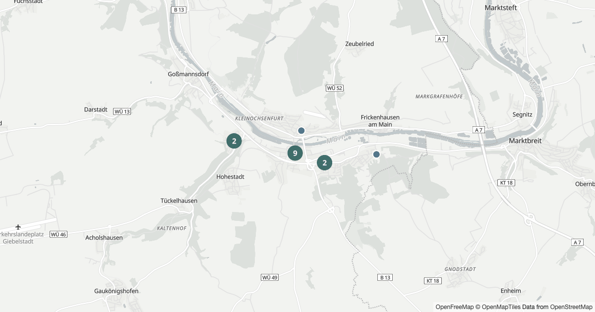 Karte mit 22 Polizeimeldungen aus Ochsenfurt aus den letzten 90 Tagen
