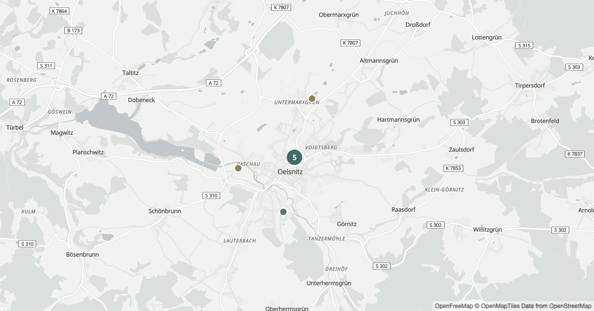 Karte mit 52 Polizeimeldungen aus Oelsnitz aus den letzten zwölf Monaten